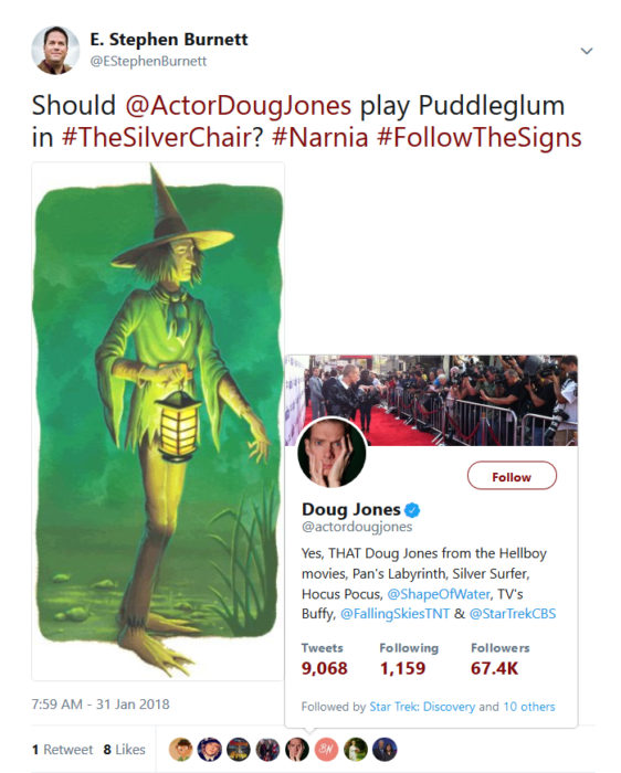 Actor Doug Jones "likes" my Twitter comment about playing Puddlegum in a film version of The Silver Chair